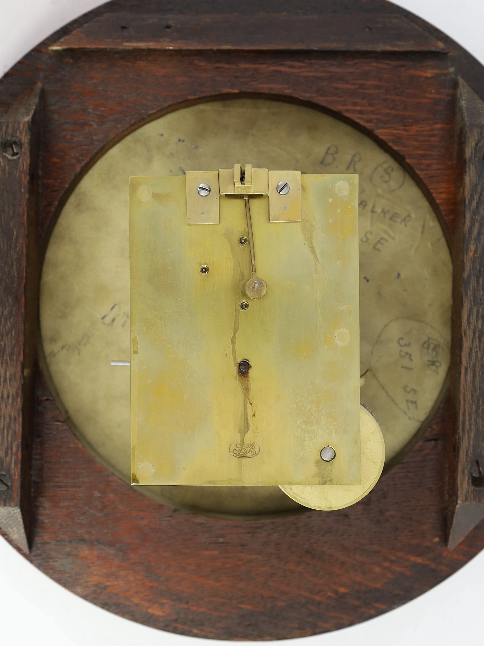 John Walker, South Milton St, London. An Edwardian oak cased drop dial wall timepiece with British Rail South inscription, width 37cm height 46cm